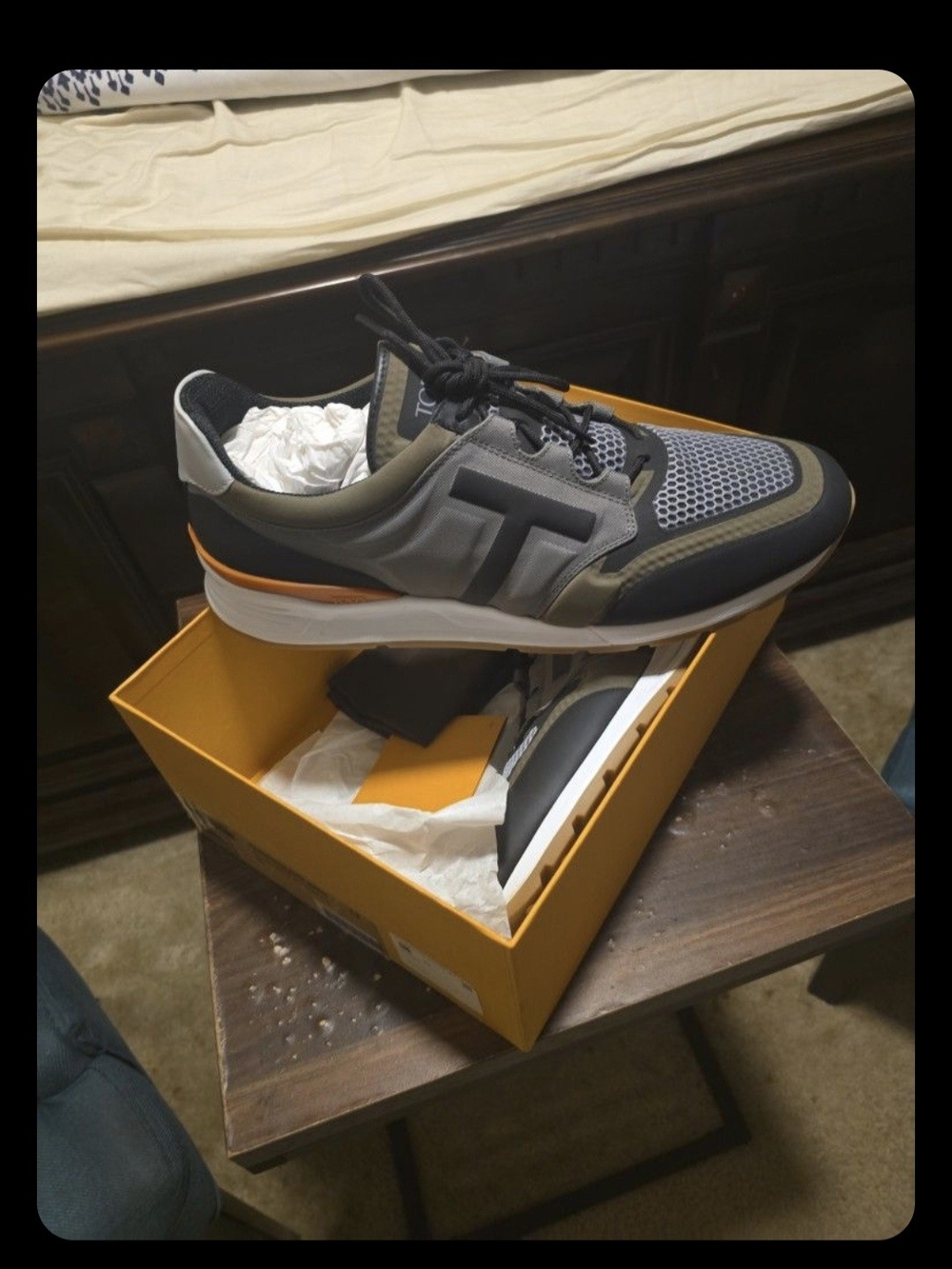 Tod's Gray and Olive Sneakers with Orange Trim